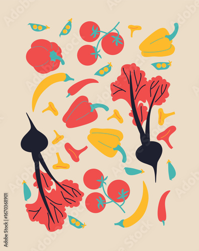 Colorful flat style illustration of assorted fruits and vegetables, whole and cut into slices. Minimal modern artwork for healthy food themes, packaging design, posters and decorative projects.