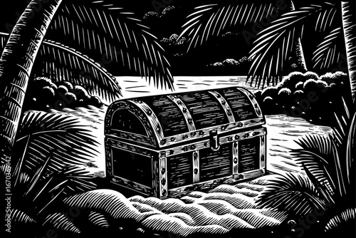 Old wooden pirate chest on tropical beach, waves crashing nearby, overflowing with gold and diamonds, black and white sketch.
