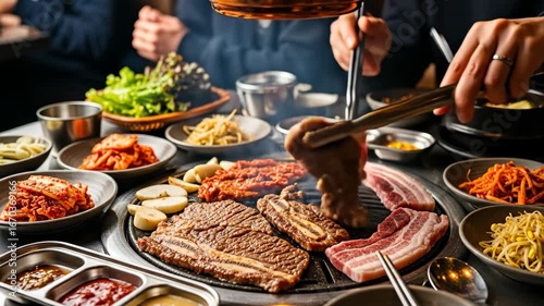 Korean BBQ Feast: Sizzling Meat and Banchan
