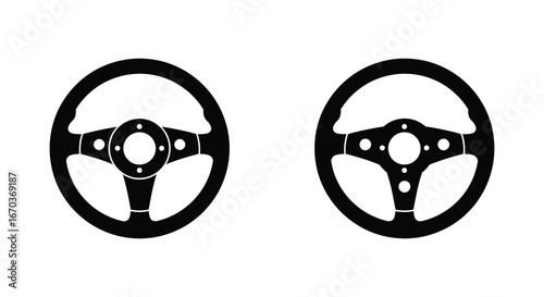 Two black steering wheels on a white background for automotive design