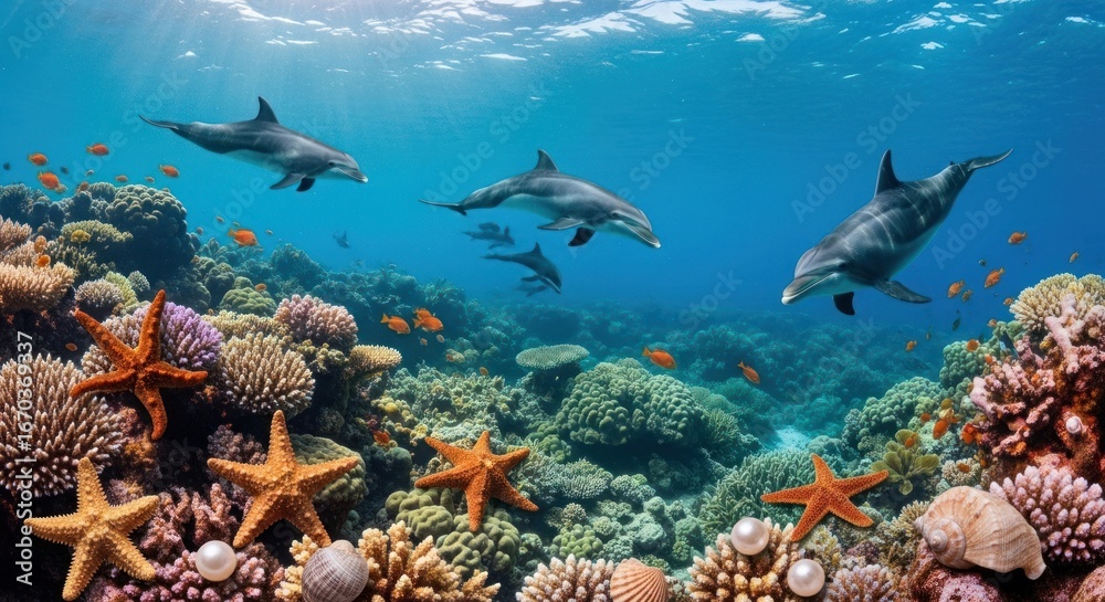 Fototapeta premium Idyllic Ocean Sanctuary: Dolphins Glide Above a Jeweled Coral Garden