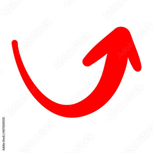 手描きのスムーズな赤いペンの矢印。抑揚のあるダイナミックなシルエット。ベクター。背景透過。カーブ。反転