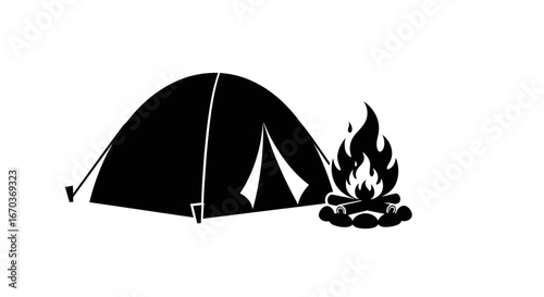 Black silhouette icon of a dome tent beside a campfire.