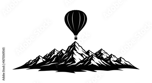 Black silhouette icon of a hot air balloon above mountains.