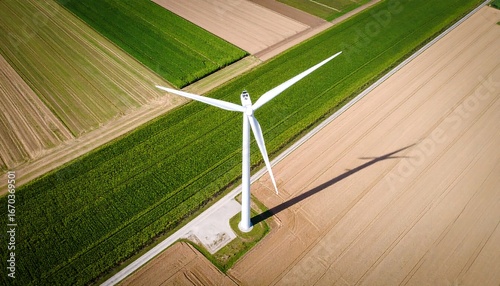 Aerial view of wind turbine in agricultural fields