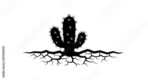 Black silhouette icon of a small cactus in cracked soil.