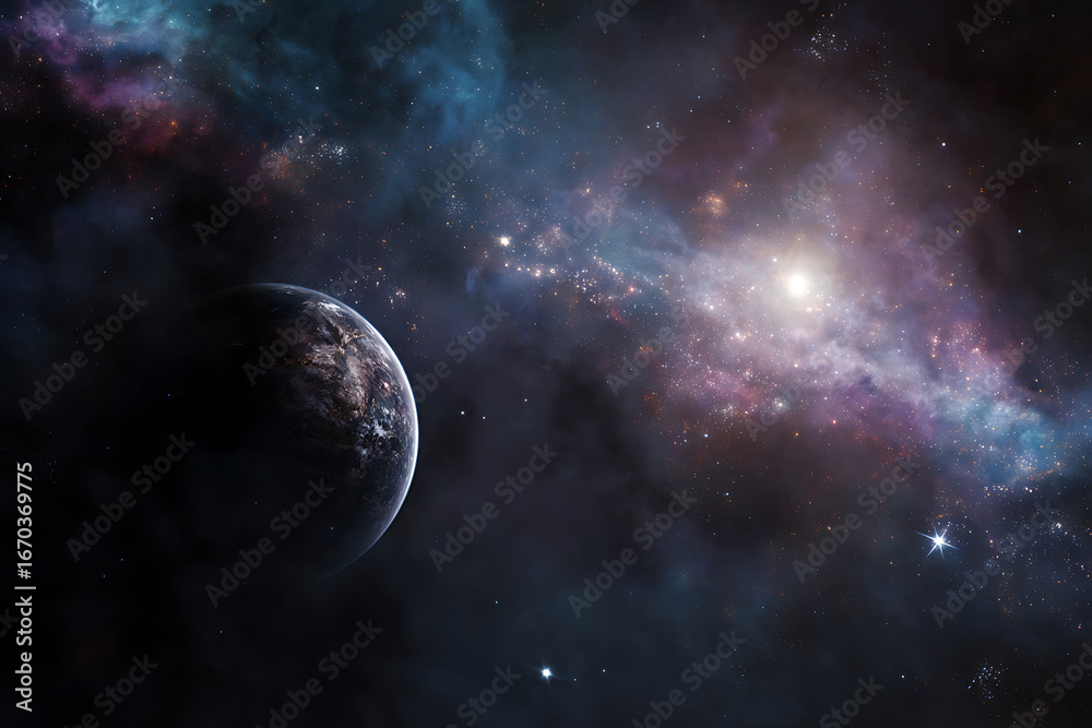 Obraz premium Cosmic landscape with a shadowed planet and a luminous, colorful star-forming nebula.