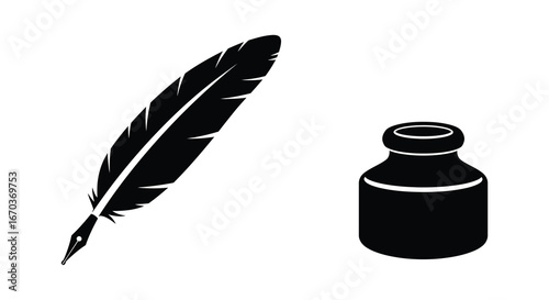 A black feather quill pen and inkwell on a white background