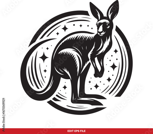 Stylized Black and White Kangaroo Illustration