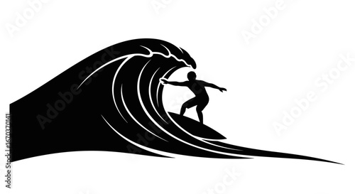 Black Silhouette Icon A surfer riding a tall wave with arms outstretched for balance