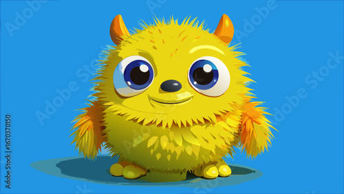Cute yellow little monster, a furry texture, blue background, lovely style, 3d rendering