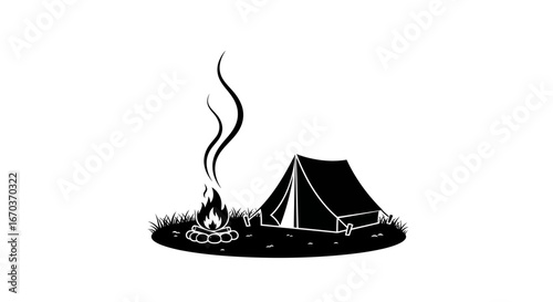 Black Silhouette Icon A tent with smoke rising from a nearby campfire, both elements nestled in a quiet clearing