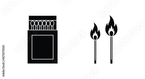 A black and white image of a matchbox and two lit matches