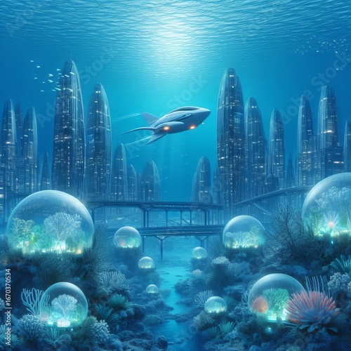 Underwater City shaped structures illumin
