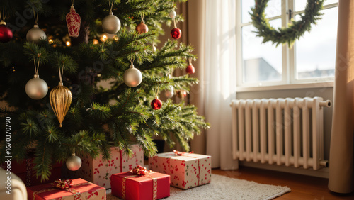 Beautifully decorated Christmas tree adorned with ornaments and gifts, creating warm and festive atmosphere in cozy room