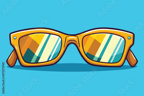 Vector art of retrostyle sunglasses with thick yellow frames and reflective lenses showing colorful abstract patterns, on a blue background