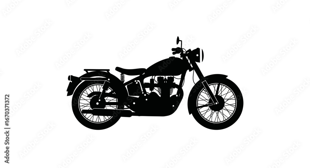 Fototapeta premium Black Silhouette Icon A vintage motorcycle with round headlight and spoked wheels in side view