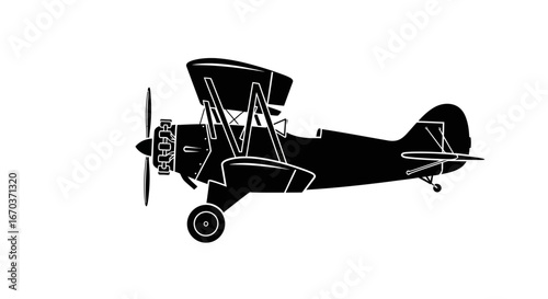 Black Silhouette Icon A vintage biplane in side view with double wings and exposed engine
