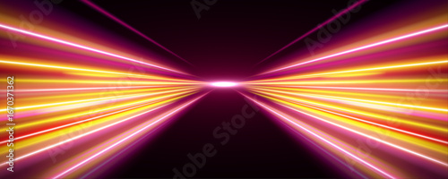 A swirl of glowing light waves forms an abstract path of energy. The rich gradient of yellow and reds evokes a cyberpunk aesthetic. Sparkling details enhance the high-tech atmosphere.