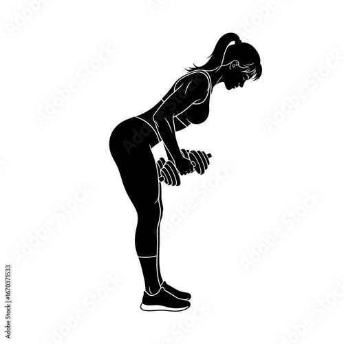 Black Silhouette Icon A woman in side view performing a bent-over row with dumbbells