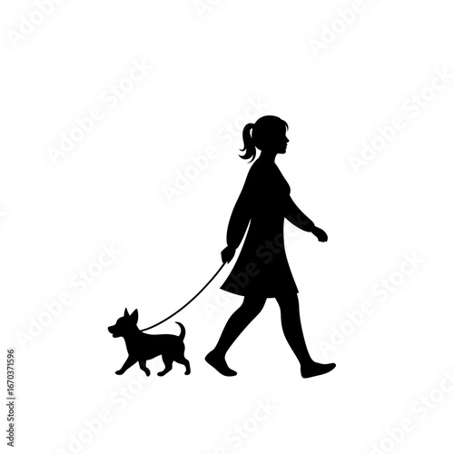  Black Silhouette Icon A woman strolling peacefully with a small dog trotting beside her