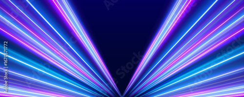 A high-speed light trail winds through a tunnel of blue and magenta hues. The long exposure captures motion, depth, and acceleration. The futuristic glow suggests a digital journey.