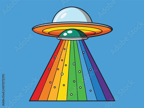 Vector art of flying saucer ufo emitting a rainbow beam of light, alien spacecraft, science fiction, isolated on blue sky background
