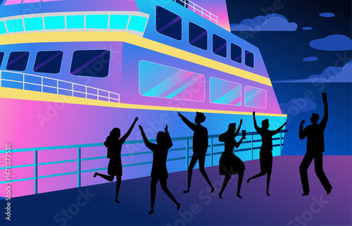 Silhouettes of people celebrating on the deck of a brightly colored cruise ship at night.