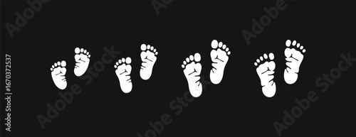 Footprints of life vector set. Illustrates human growth from baby to adult with various sized footprints. Perfect for family, development, and aging themes. Human life journey footprints