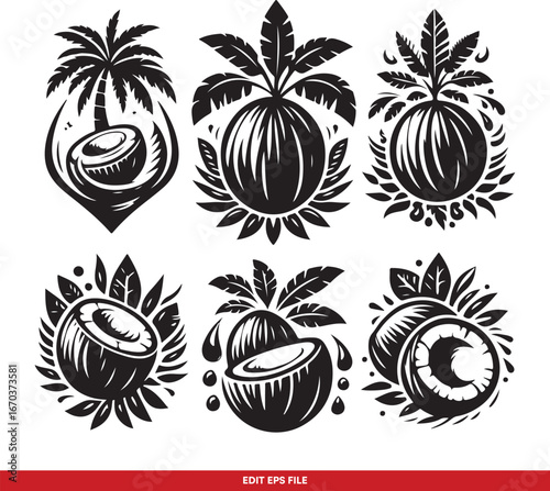 Tropical Coconut Palm Tree Vector Logos Set
