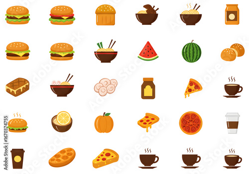 Assorted Food Icon Collection | Cartoon Style Burger, Pizza, Noodles, Coffee, and Fruit Icons for Menu Design, Food Blog, and Restaurant Marketing