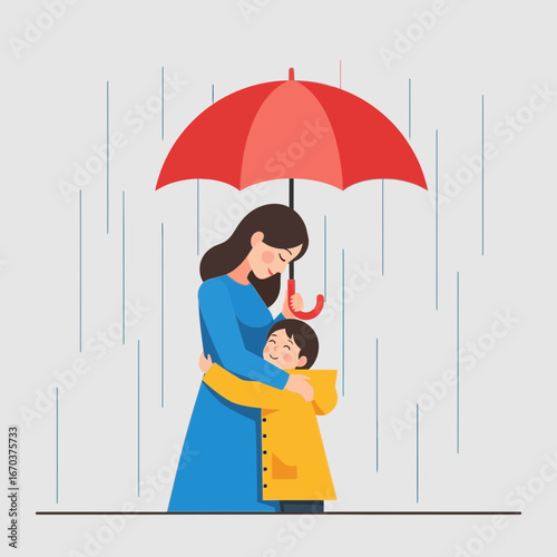 Mother and child under umbrella in rain