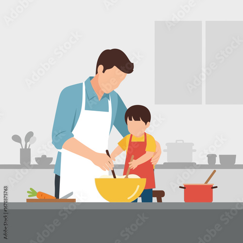 Father and son cooking together in a kitchen.