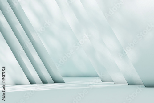 White geometry background for business and tech product placement. Abstract interior architecture room with light and shadow. Modern empty space showroom. 3d render