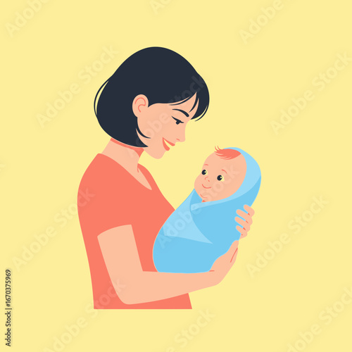 Mother holding a swaddled baby with a warm yellow background.