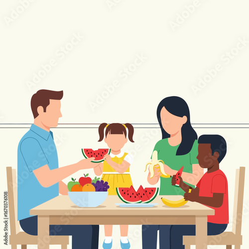 Family eating fruit at a table indoors.