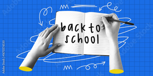 Monochrome vector collage with hand and sketchbooks. Back to school. Halftone dot effect, retro style with transparent background. For posters, zines, social media,  DIY art projects.