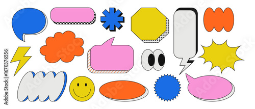 Collection of blank colorful speech bubbles and comic elements in memphis style. Perfect for stickers, posters, t-shirt prints, social media graphics, and creative design projects.