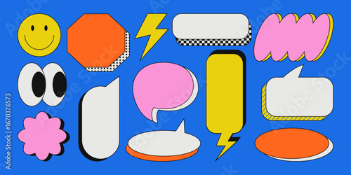 Collection of blank colorful speech bubbles and comic elements in memphis style. Perfect for stickers, posters, t-shirt prints, social media graphics, and creative design projects.