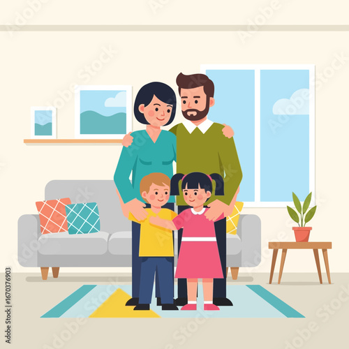 A happy family of four poses in a bright living room.
