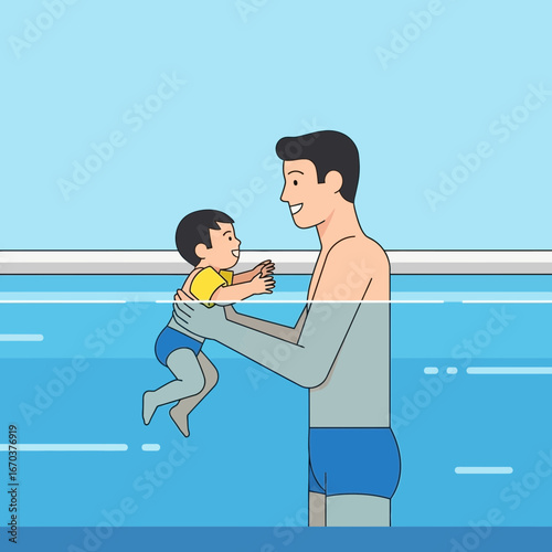 Father holding baby in swimming pool water.