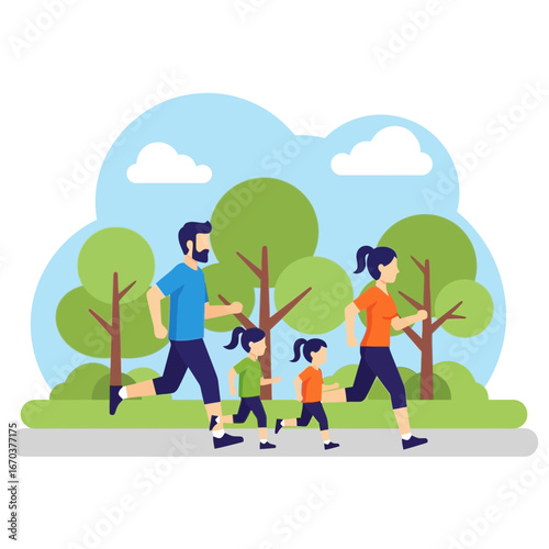 Family jogging together in a park with trees and sky.