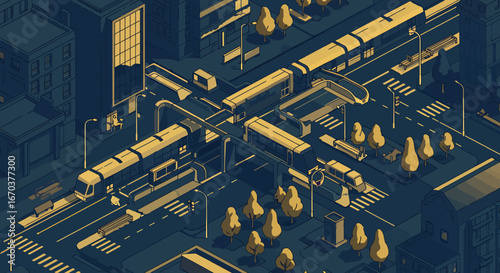 Isometric urban city landscape with transportation network and modern architecture.