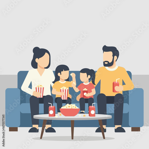 Family sitting on couch watching television with snacks.
