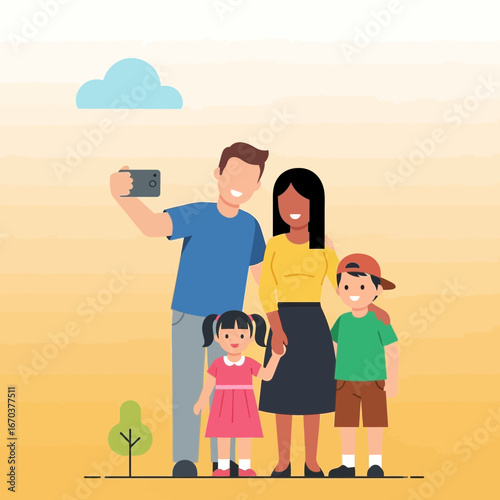 Family taking a selfie outdoors with a cloud in the sky.