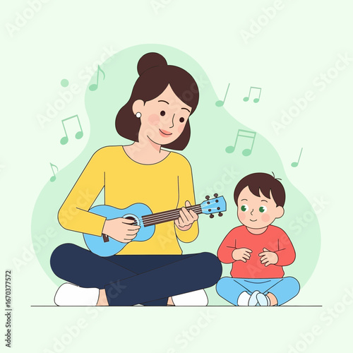Woman plays ukulele for child indoors with music notes.