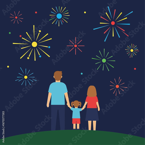 Family watches colorful fireworks display against a dark night sky.