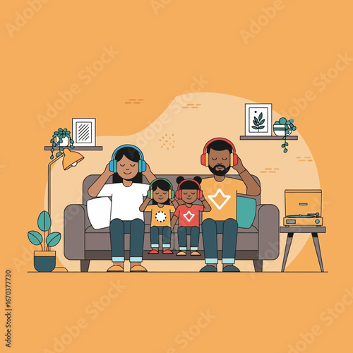 Family sitting on a couch looking stressed and holding their heads.