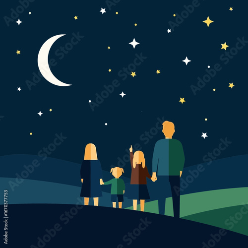 Family stargazing under a crescent moon and starry night sky.