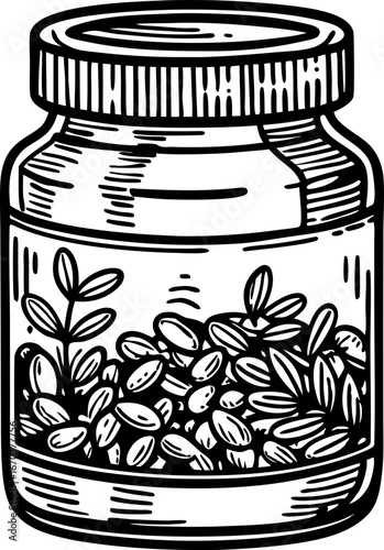 Jar filled with seeds and sprouting plants botanical growth, organic food and sustainable nature concept illustration